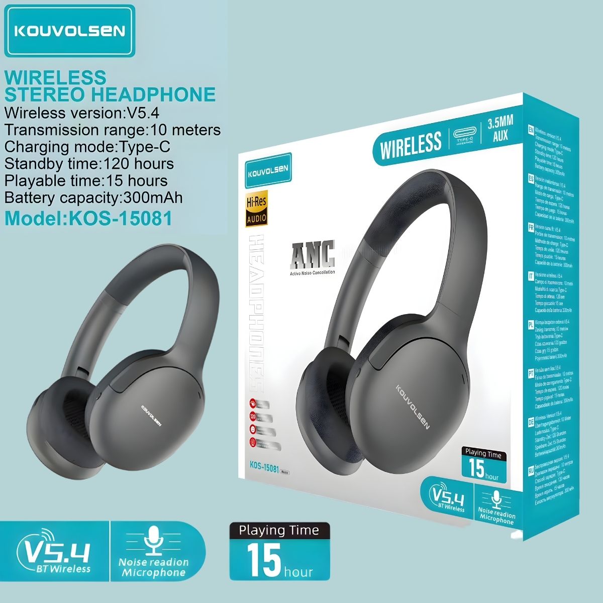 Audífonos Inalámbricos Bluetooth con Cancelación de Ruido ANC. Auriculares Hi-Res Audio. Cascos Estéreo con Micrófono. Color negro.