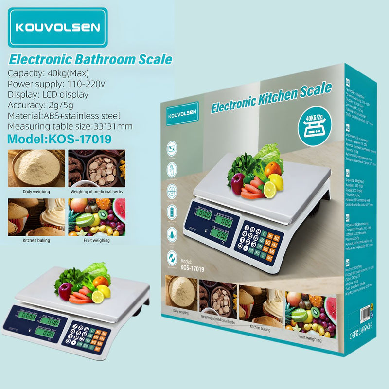 Báscula Electrónica Digital de Cocina y Uso Comercial. Balanza para alimentos 40Kg. Pantalla LCD. Alta Precisión 2g/5g. Pesa para supermercado.