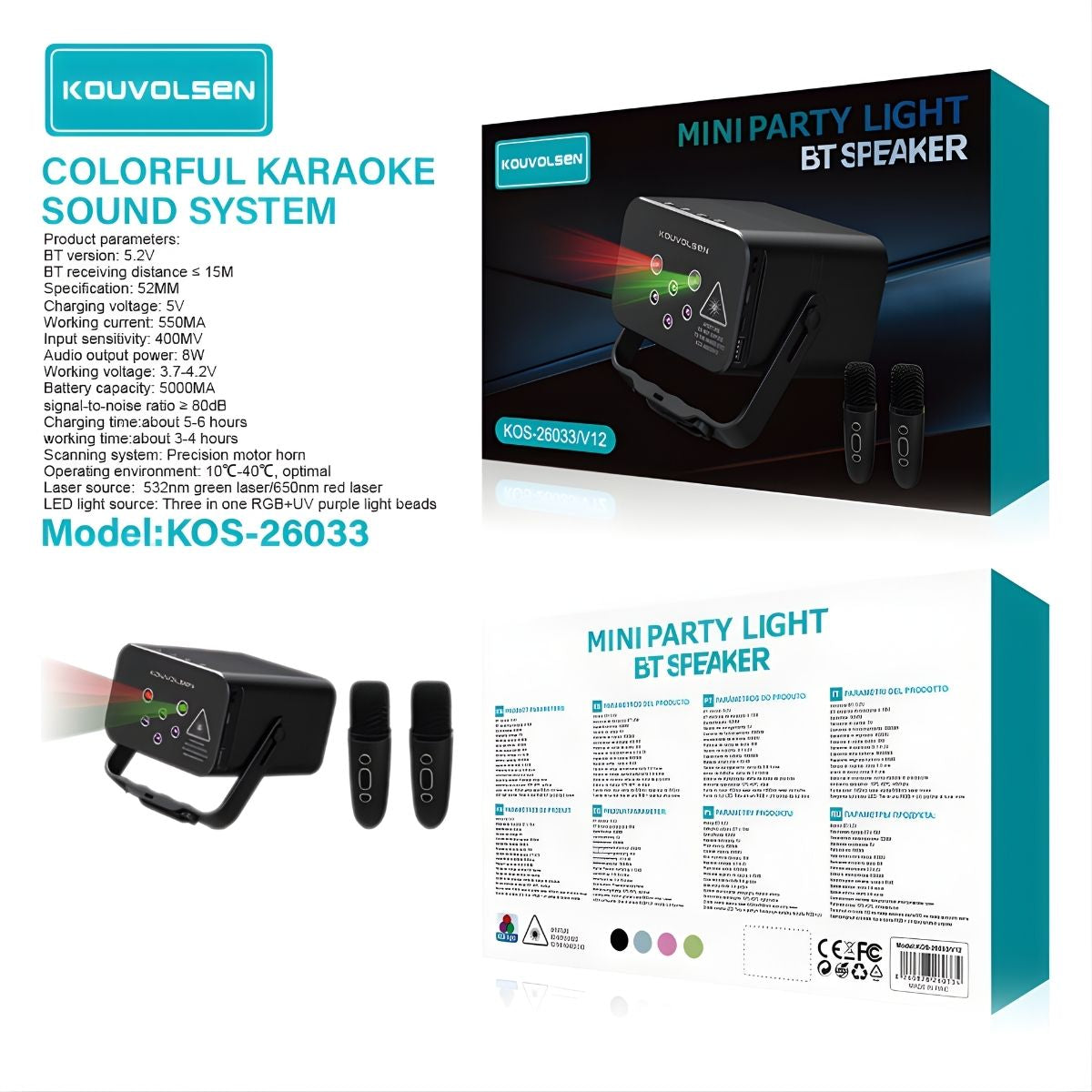 Bocina Bluetooth Portátil con Luces Láser RGB. Altavoz Mini Party Light 8W. Parlante Inalámbrico para Karaoke con 2 Micrófonos y Efectos de Luz.