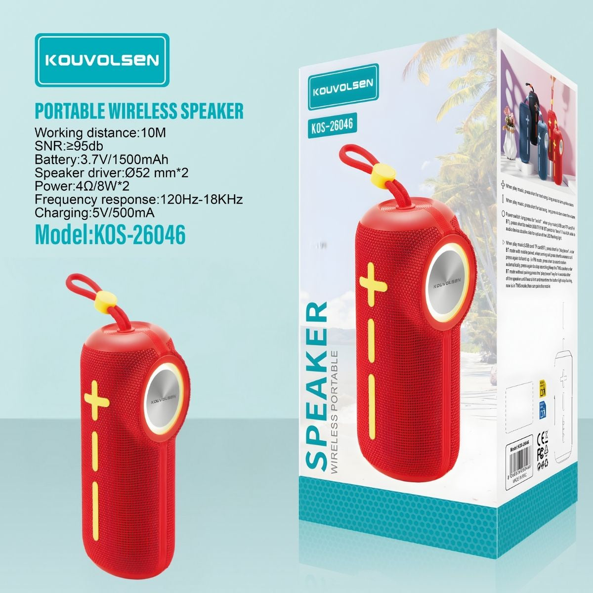 Bocina Bluetooth  5.3 Portátil 16W. Altavoz Inalámbrico. Speaker Parlante Recargable con Batería de 1500 mAh y Correa. Color Rojo.