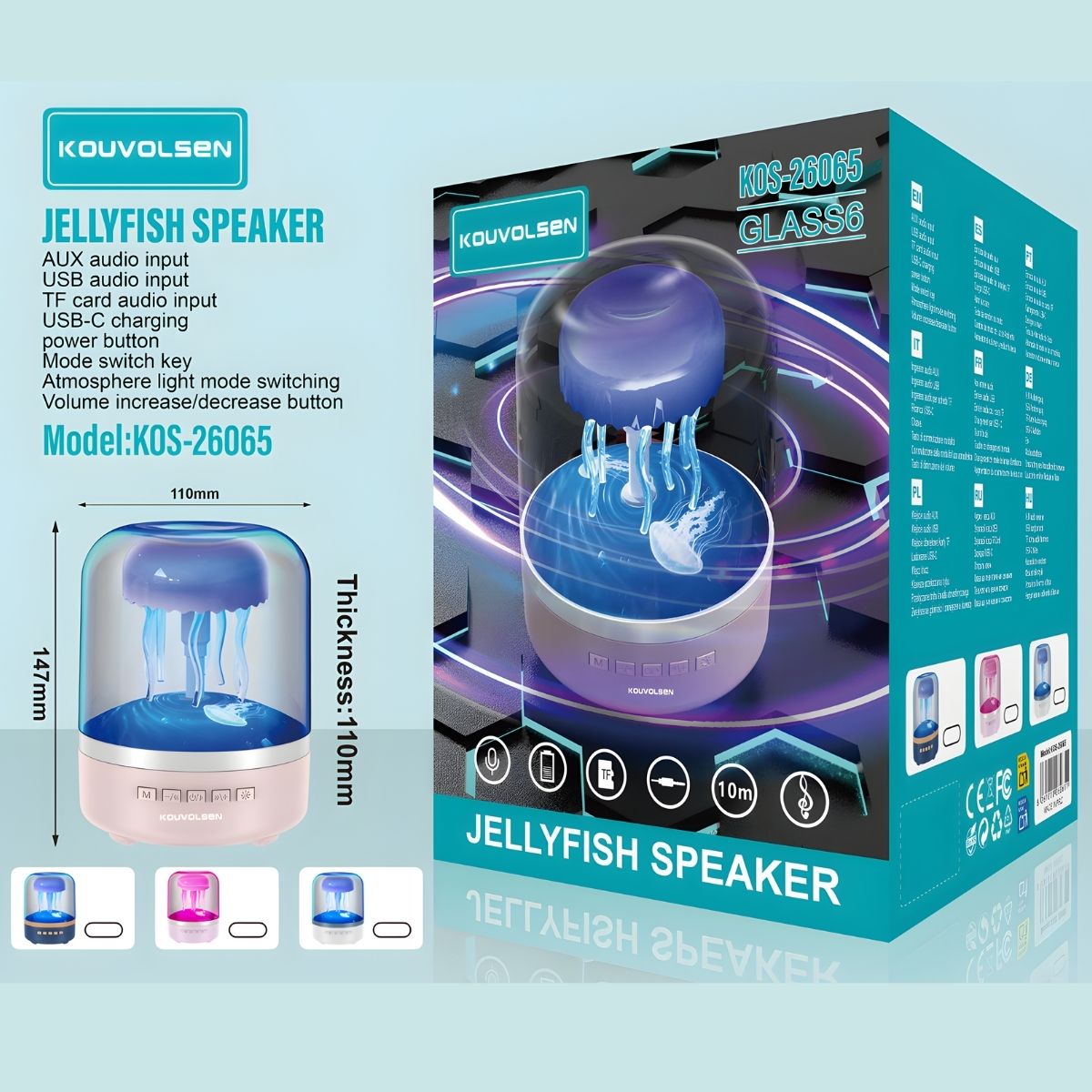 Bocina Bluetooth Jellyfish 5W. Altavoz Inalámbrico Decorativo con Luz LED. Speaker con Entrada AUX, USB y Tarjeta TF. Diseño Tipo Medusa.