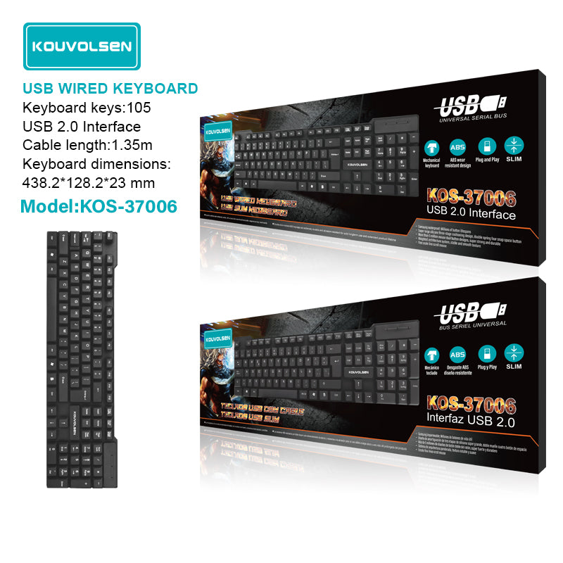 Teclado USB con Cable de 105 Teclas. Teclado Alámbrico Slim USB 2.0 Plug & Play para PC y Laptop. Color negro.