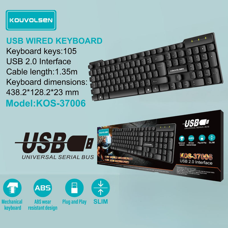 Teclado USB con Cable de 105 Teclas. Teclado Alámbrico Slim USB 2.0 Plug & Play para PC y Laptop. Color negro.