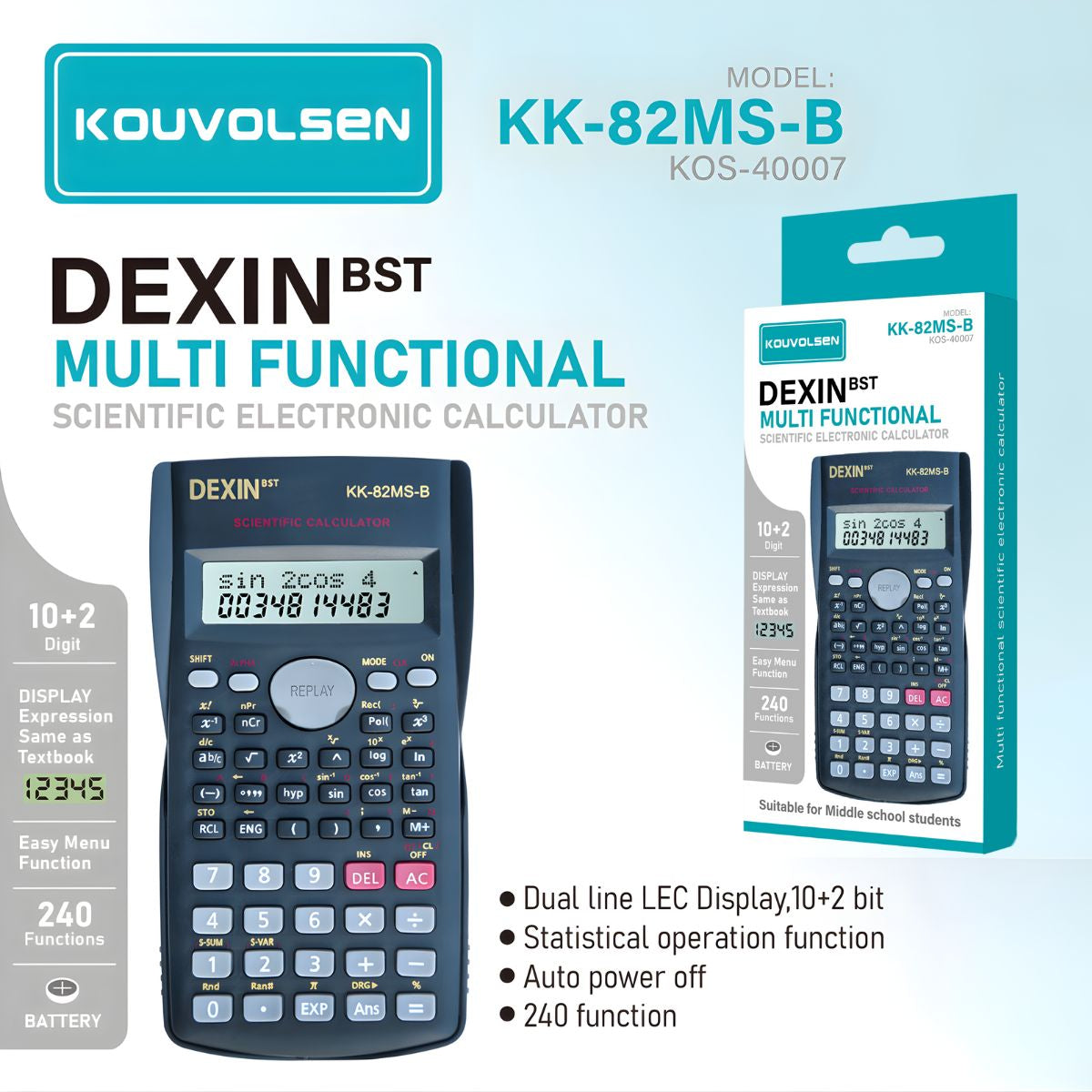 Calculadora Científica Multifuncional con Pantalla Doble Línea y 240 Funciones. Ideal para estudiantes y uso académico. Color negro.