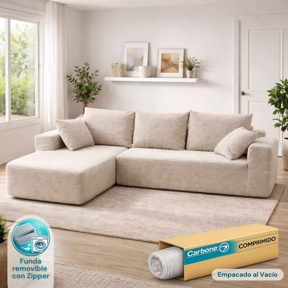 Sofá Seccional en L empacado al vacio Memory Foam de alta densidad 175X92X82cm+170X93X82cm Color Off-white 06