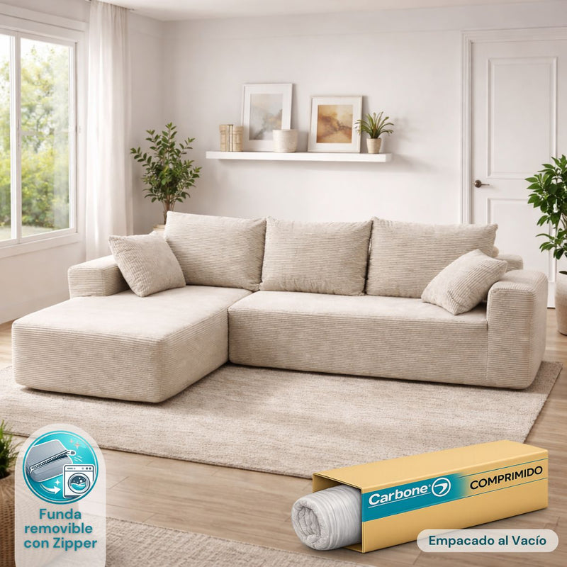 Sofá Seccional en L empacado al vacio Memory Foam de alta densidad 175X92X82cm+170X93X82cm Color Off-white 06