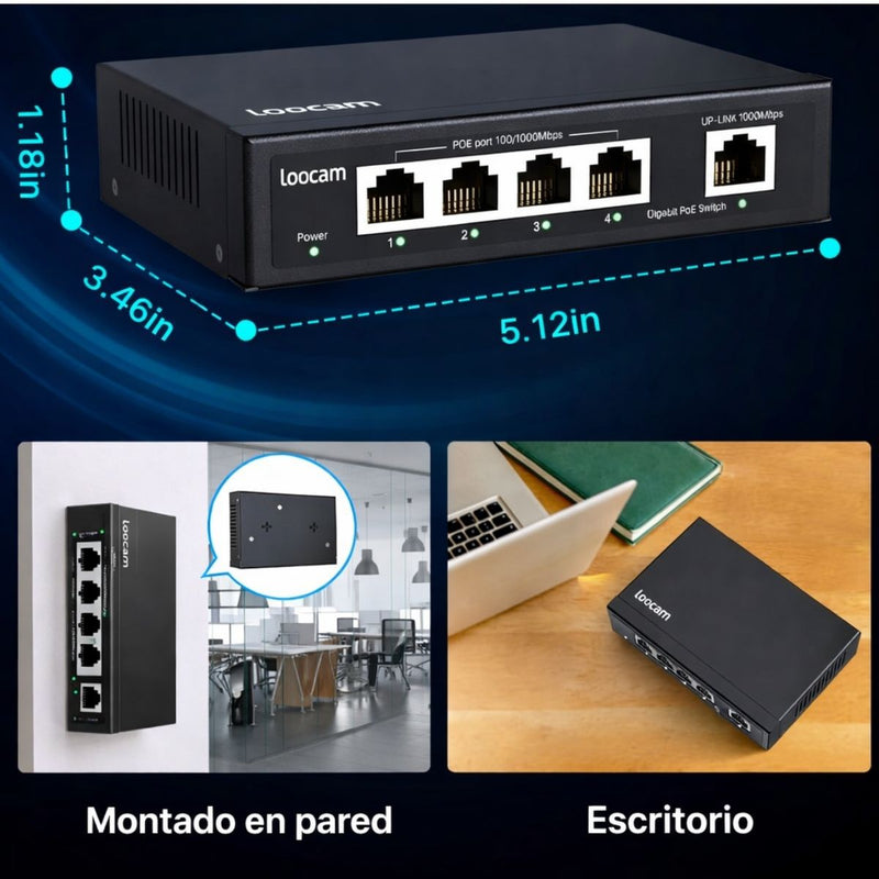 Switch PoE Gigabit 4 Puertos 1000Mbps y 30W por Puerto, 96W Total. Conmutador de 300m Extensión, Protección 4KV y Carcasa Metálica.