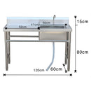 Fregador Industrial con Mesa de Trabajo y Tina del Lado Derecho (120x60x80cm). Lavaplatos Profesional Con Respaldo y Patas Reforzadas.
