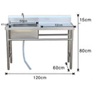 Fregador Industrial con Mesa de Trabajo y Tina del Lado izquierdo (120x60x80cm). Lavaplatos Profesional Con Respaldo y Patas Reforzadas.