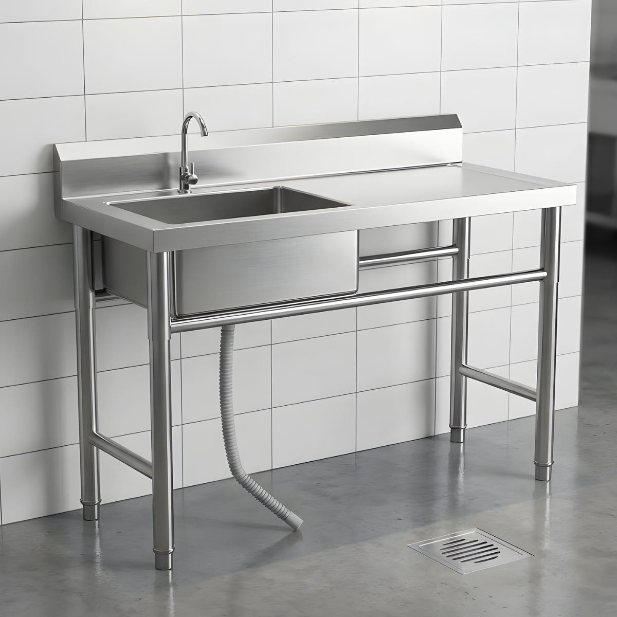 Fregador Industrial con Mesa de Trabajo y Tina del Lado izquierdo (120x60x80cm). Lavaplatos Profesional Con Respaldo y Patas Reforzadas.