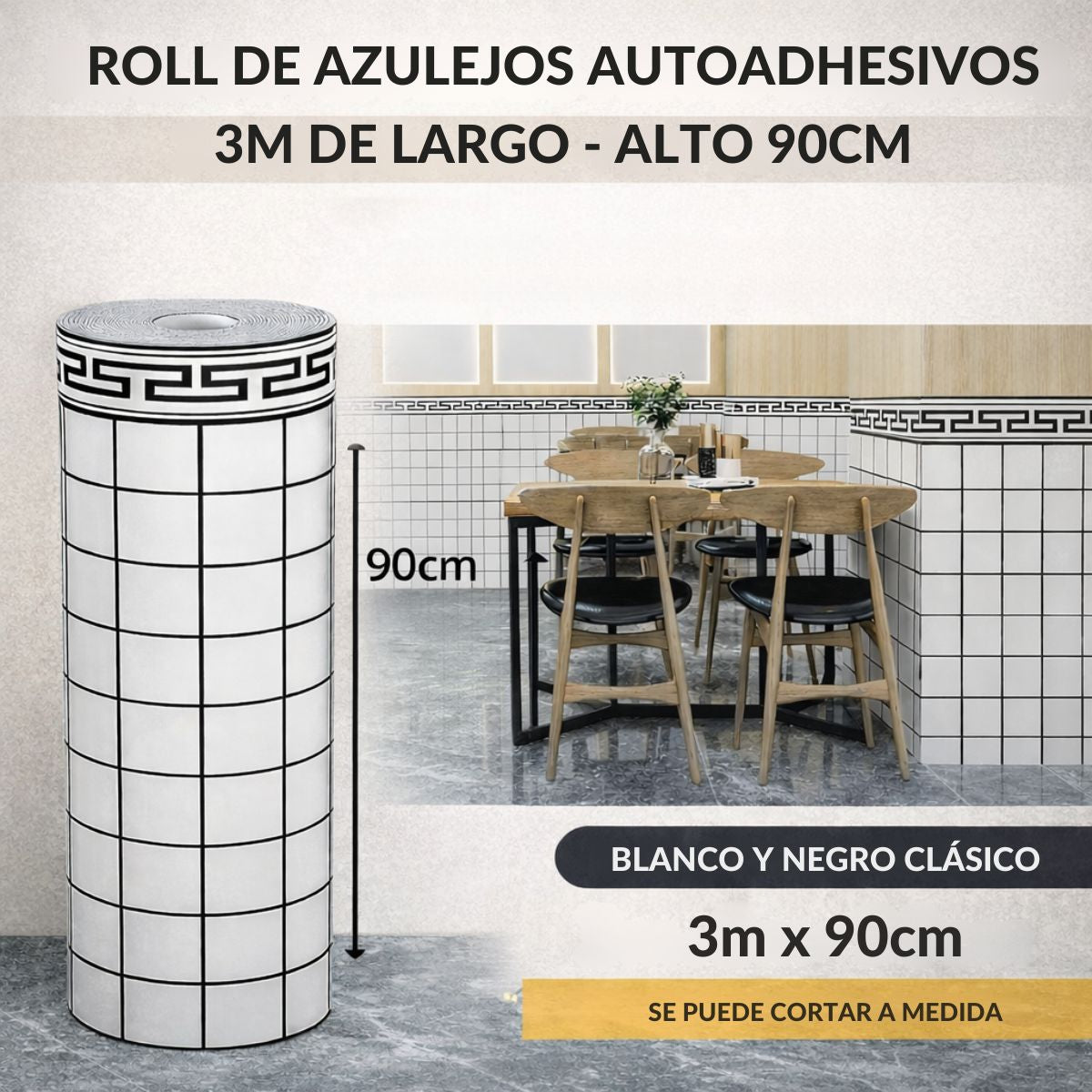 Rollo decorativo 2.5 mm Papel Tapiz Autoadhesivo Tipo Azulejo Blanco y Negro. Revestimiento Decorativo para Pared. Rollo 3mx90cm. 2.5 mm espesor