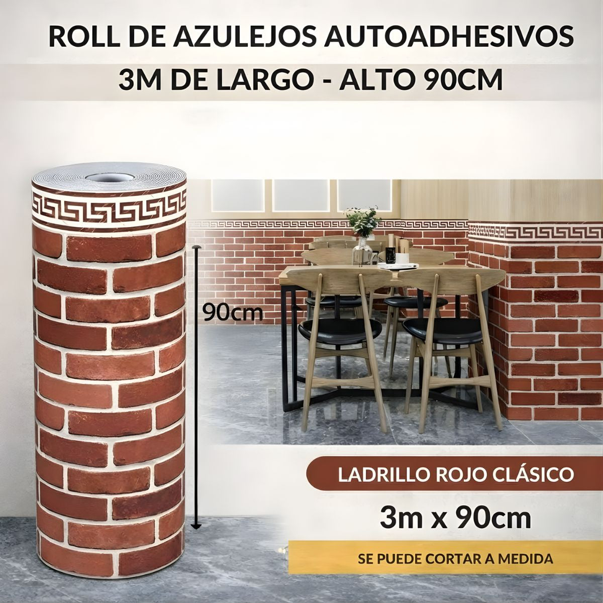 Rollo decorativo 2.5 mm Papel Tapiz Autoadhesivo Tipo ladrillo rojo clásico. Revestimiento Decorativo para Pared. Rollo 3mx90cm. 2.5 mm espesor