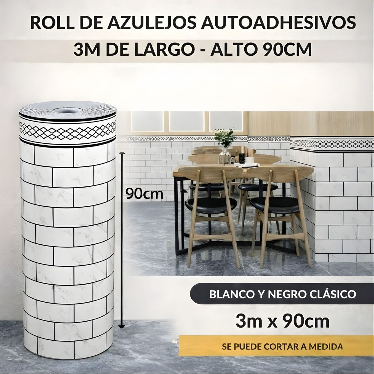 Rollo decorativo 2.5 mm Papel Tapiz Autoadhesivo Tipo Azulejo Blanco y Negro clásico. Revestimiento Decorativo para Pared. Rollo 3mx90cm. 2.5 mm espesor