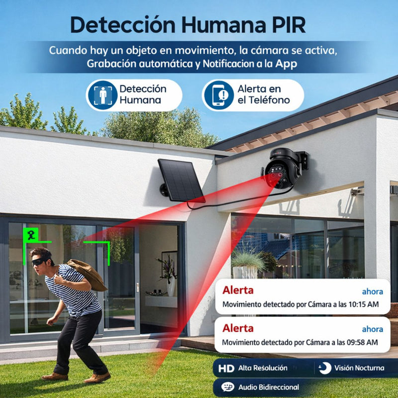 Cámara de Seguridad WiFi con Panel Solar 6MP. Cámara de videovigilancia con Visión Nocturna y Detección Humana. Zoom 12X