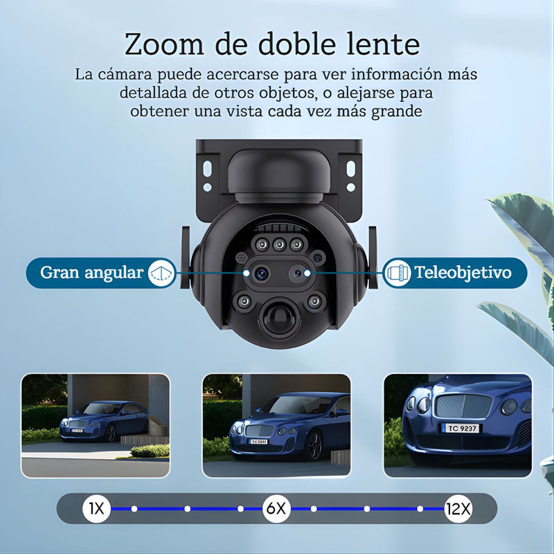 Cámara de Seguridad WiFi con Panel Solar 6MP. Cámara de videovigilancia con Visión Nocturna y Detección Humana. Zoom 12X