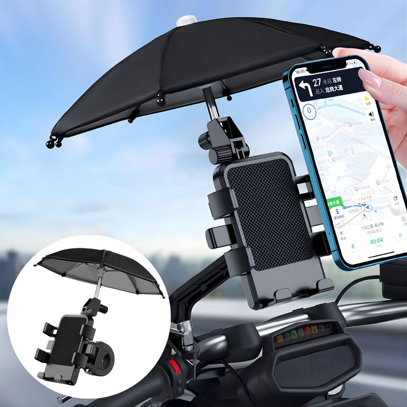 Soporte para Celular con Sombrilla para Manubrio de Moto y Bicicleta. Porta Celular Ajustable con mini paraguas para Protección Solar y Lluvia.