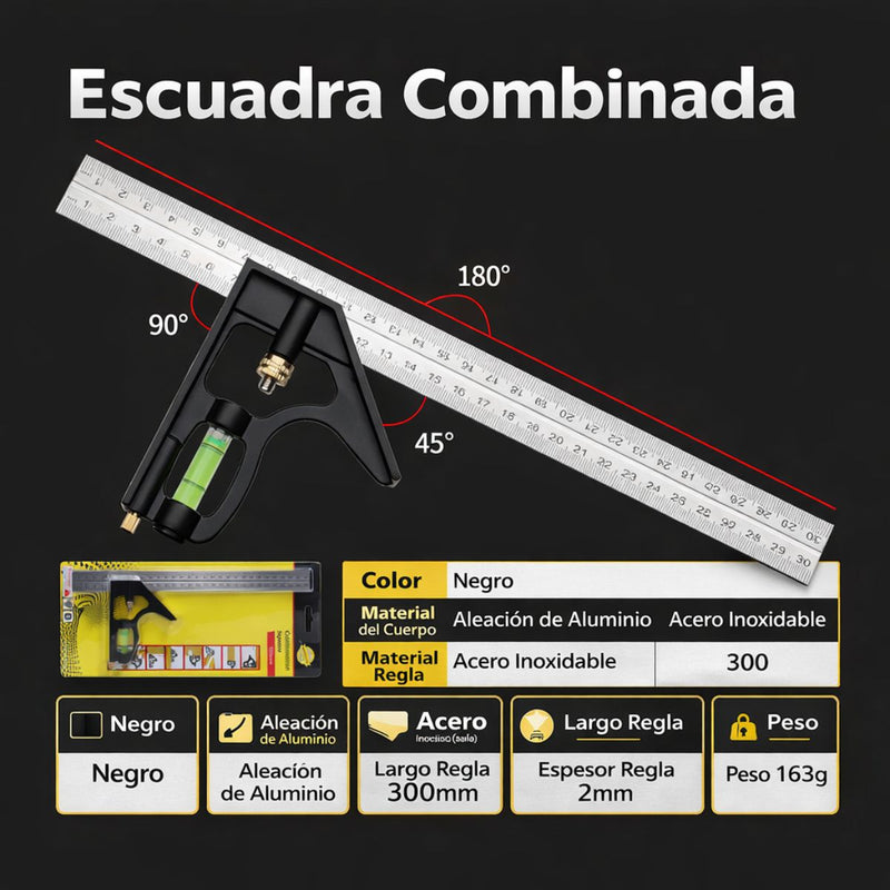 Escuadra de combinacion 300mm con Nivel de Burbuja. Regla combinada de Acero Inoxidable. Medición 45°, 90° y 180°.
