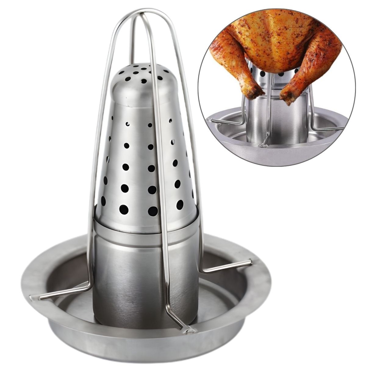 Base Rostizador Asador De Pollo al barril Vertical Acero Inoxidable 7"X9" (18x23cm) Con Aromatizador Para Cerveza, Vino Y Especias.