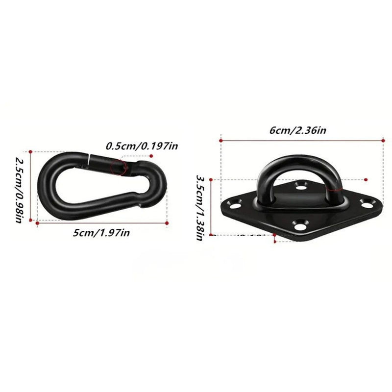 Gancho Para Hamaca Con Mosquetón De 5 mm En Hierro. Capacidad 200 Lbs. Argolla Para Poleas, Columpios, Entrenamiento Fitness Y Cuerdas. (Set de 2 unds) Color Negro