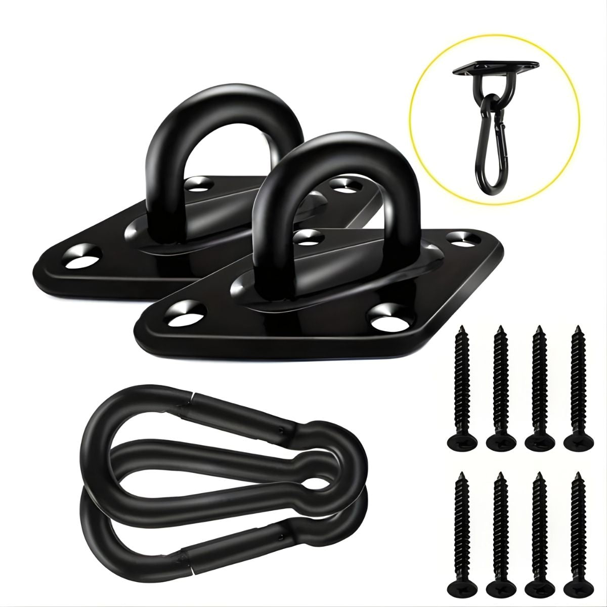 Gancho Para Hamaca Con Mosquetón De 5 mm En Hierro. Capacidad 200 Lbs. Argolla Para Poleas, Columpios, Entrenamiento Fitness Y Cuerdas. (Set de 2 unds) Color Negro