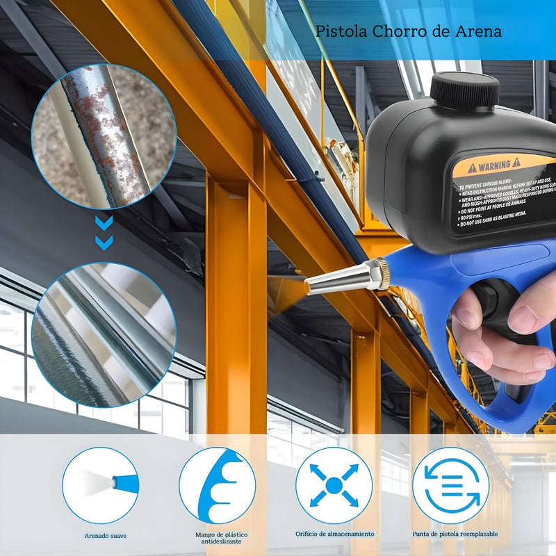 Pistola Sandblasting para Arenado Chorro de Arena con depósito 310ml para Limpieza de óxido y metal.