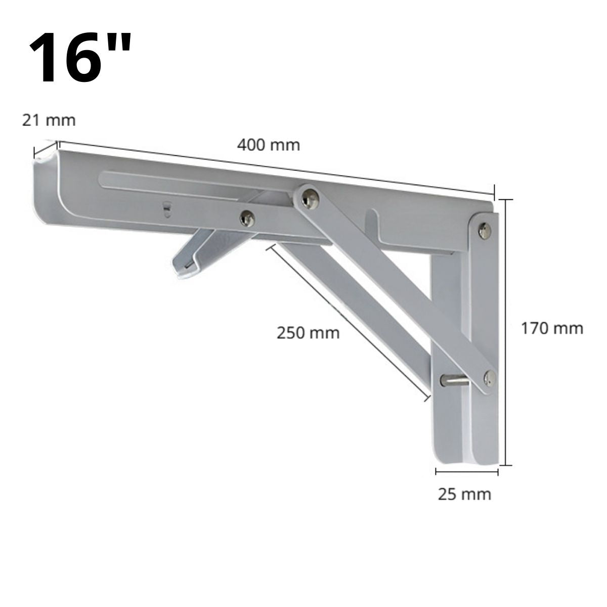Soporte Brazo Plegable De Repisas Metalico De 16" (40.64 Cm) De Acero Laminado En Frío Para Repisas, Estantes. Escuadra Abatible Color Blanco.  (Se vende por Unidad)