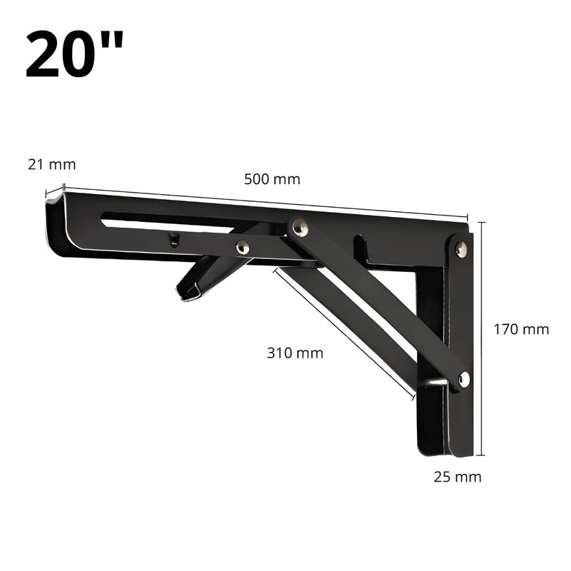 Soporte Brazo Plegable De Repisas Metalico De 20" (50.8 Cm) De Acero Laminado En Frío Para Repisas, Estantes. Escuadra Abatible Color Negro.  (Se vende por Unidad)