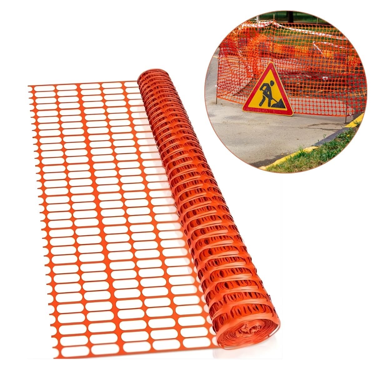Malla De Seguridad Rollo En Polietileno Naranja (1Mt x50Mts). 80g espesor. Red Plástica. Cerca Para Protección. abertura: (4cm x 10cm)