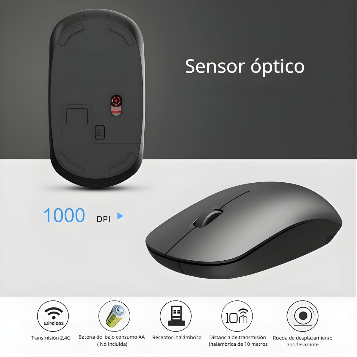Mouse Inalámbrico Ergonómico 2.4G Con Diseño Compacto, Sensor Óptico De 1000 DPI, Compatible Con Laptops Y Computadoras. (Usa 1 Batería AA No Incluida) Color Negro.