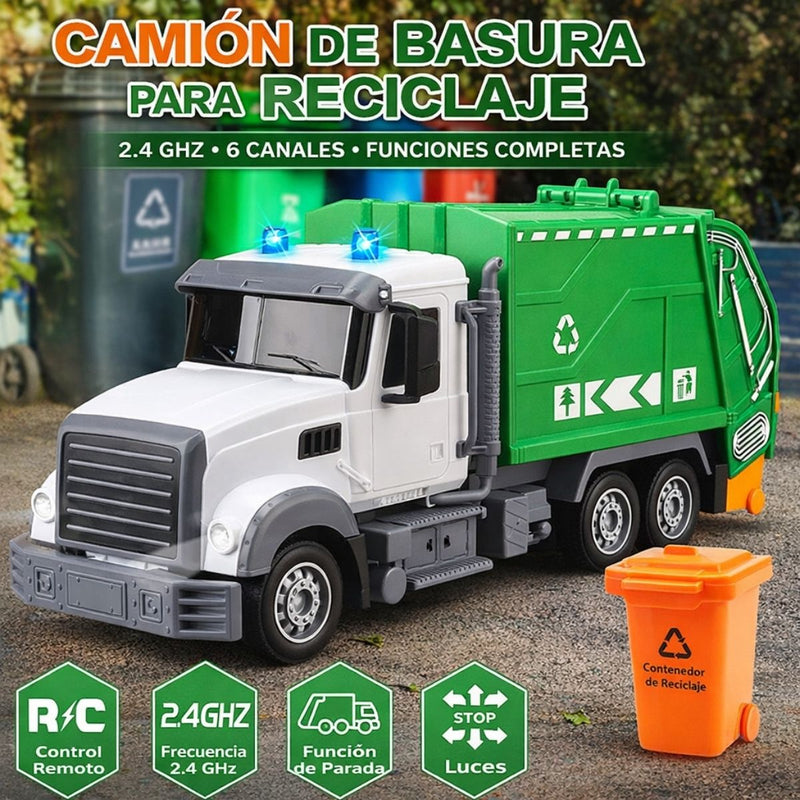 Camión de basura de Juguete con Control Remoto, luces LED, función elevadora, batería recargable, 15.5x11x36cm  Camión Recoletor para Niños.