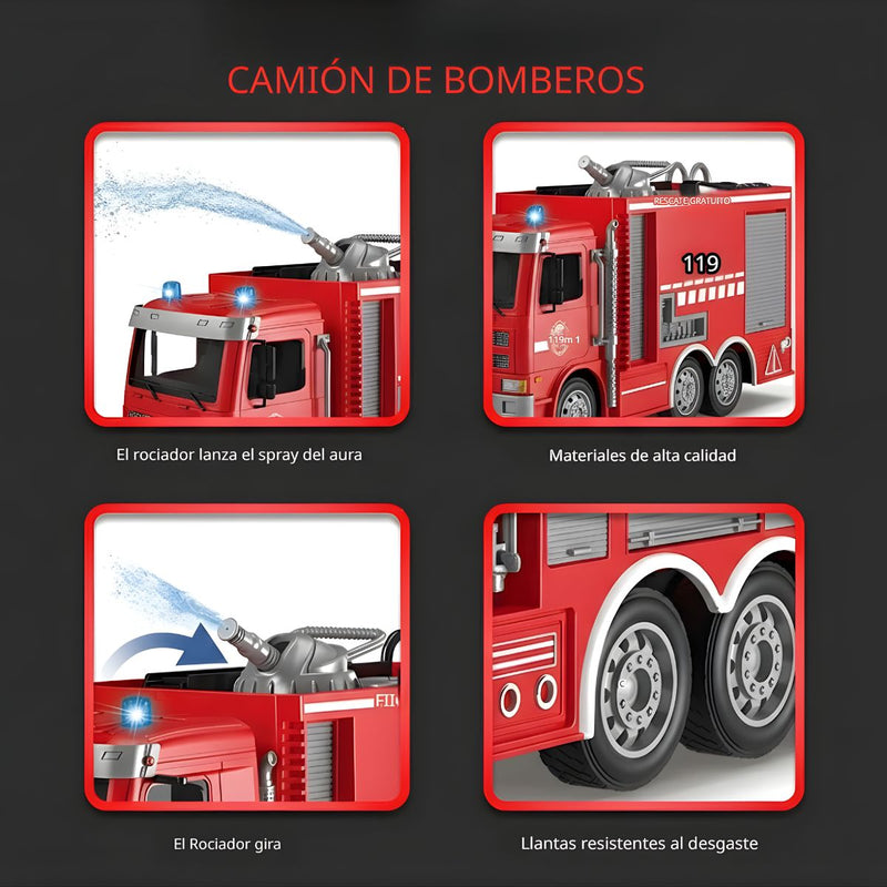 Camión de bomberos con rociador de agua, luces LED, control remoto,  batería recargable, 15.5x11x36cm Camión de Juguete para Niños.
