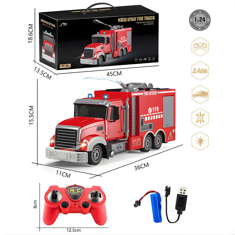 Camión de bomberos con rociador de agua, luces LED, control remoto,  batería recargable, 15.5x11x36cm Camión de Juguete para Niños.