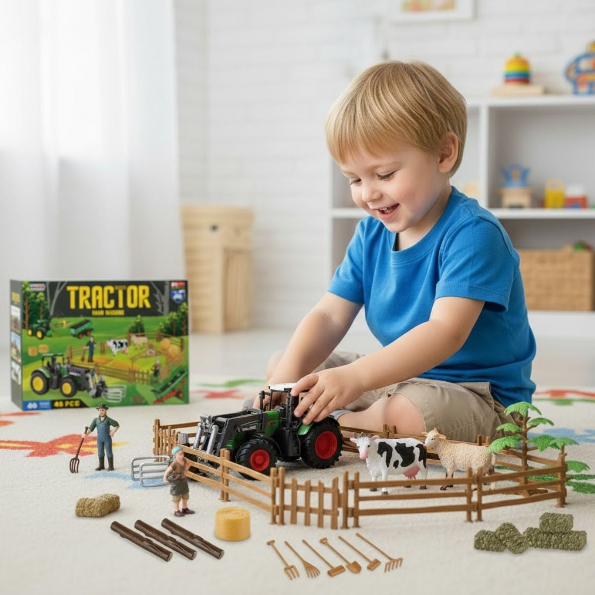 Tractor agrícola de juguete con granja y animales. Vehículo de 8.46” x 4.33” x 6.30 “plástico. Juego de Granja para niños. Set de 45 pzas.