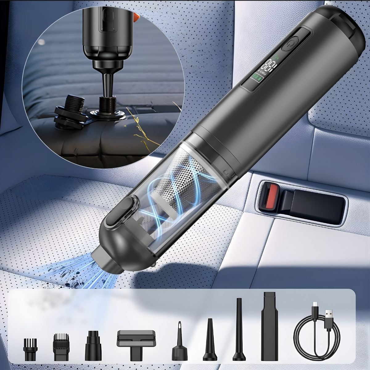 Aspiradora Inalámbrica Portátil Con Pantalla Digital Y Motor AI 17000Pa De Alta Potencia Con Carga Tipo-C Que Aspira, Infla Y Sopla. Ideal Para Auto, Oficina Y Hogar