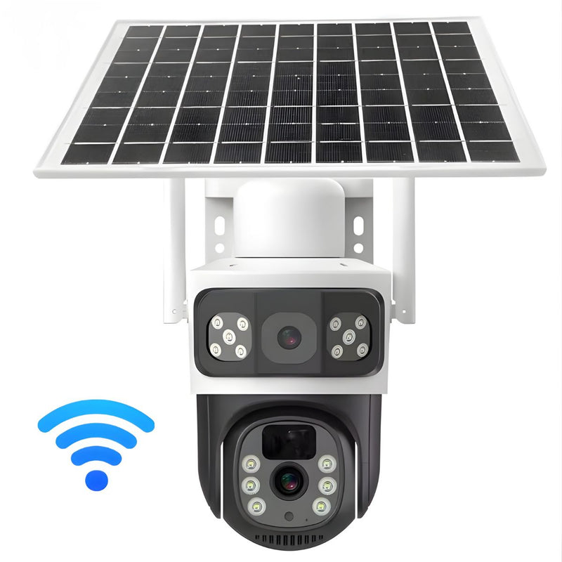 Cámara de Seguridad Solar WiFi Doble Lente T8 Blanca con Visión Nocturna Color, Audio Bidireccional y PTZ 355°