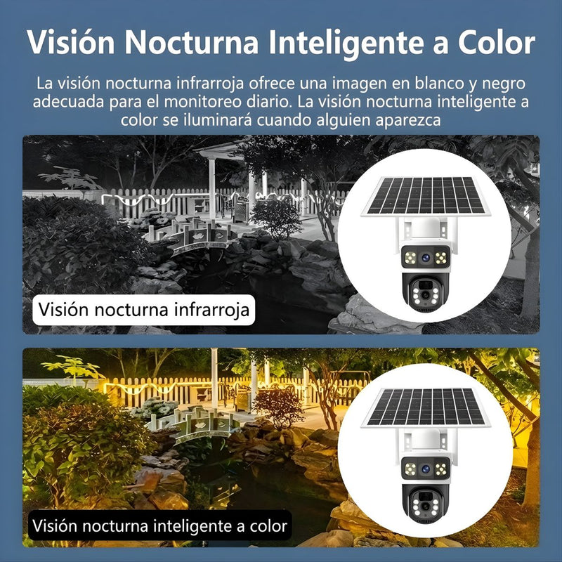 Cámara de Seguridad Solar WiFi Doble Lente T8 Blanca con Visión Nocturna Color, Audio Bidireccional y PTZ 355°