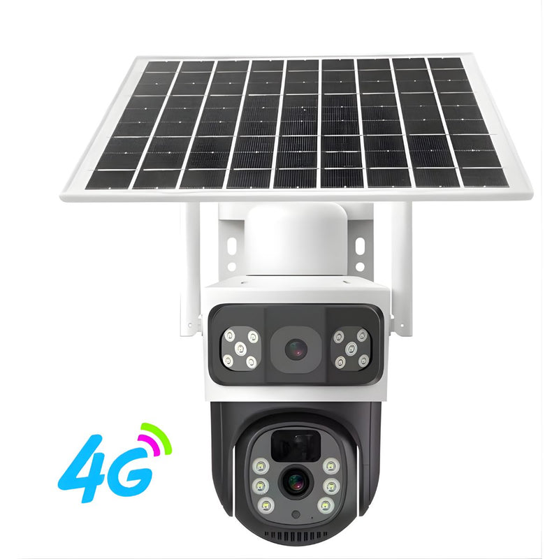 Cámara de Seguridad Solar 4G Doble Lente T8 Blanca con Visión Nocturna Color, Audio Bidireccional y PTZ 355° (Funciona solo con SIM CARD 4G)