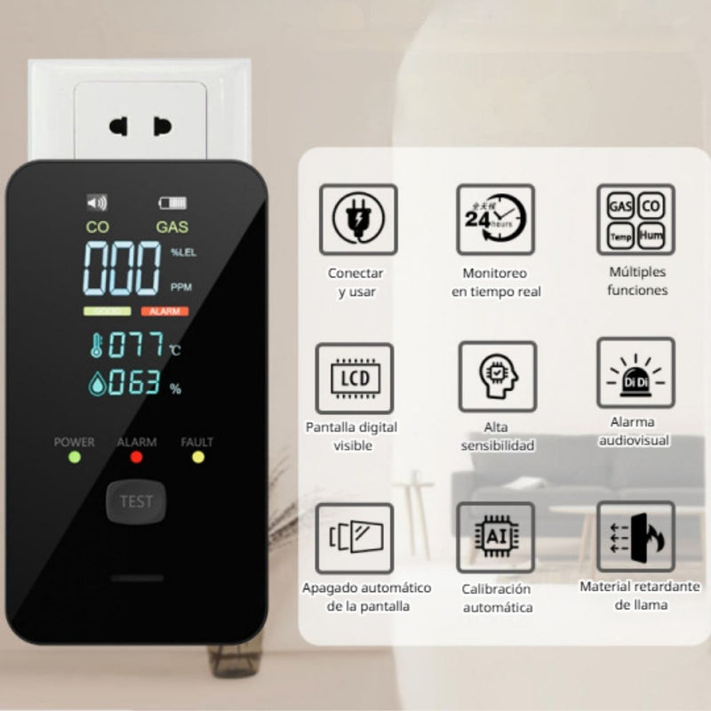 Detector alarma 4 En 1 De Gas, Monóxido De Carbono Co2, Temperatura Y Humedad Con Pantalla LCD 110V Plug And Play. Material ABS Ignífugo