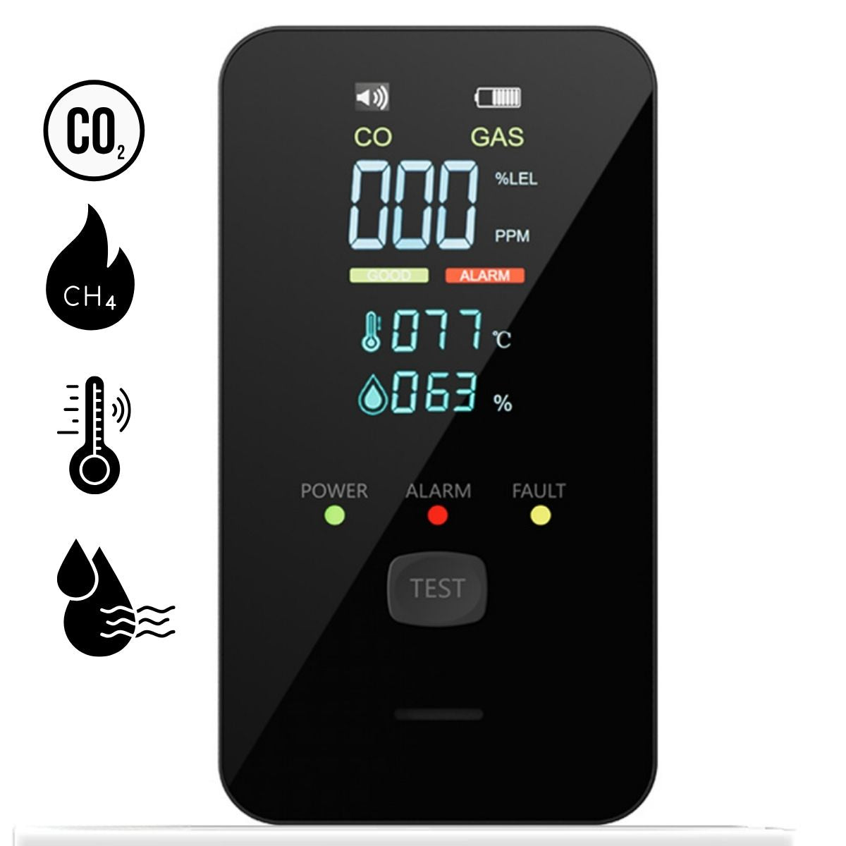 Detector alarma 4 En 1 De Gas, Monóxido De Carbono Co2, Temperatura Y Humedad Con Pantalla LCD 110V Plug And Play. Material ABS Ignífugo