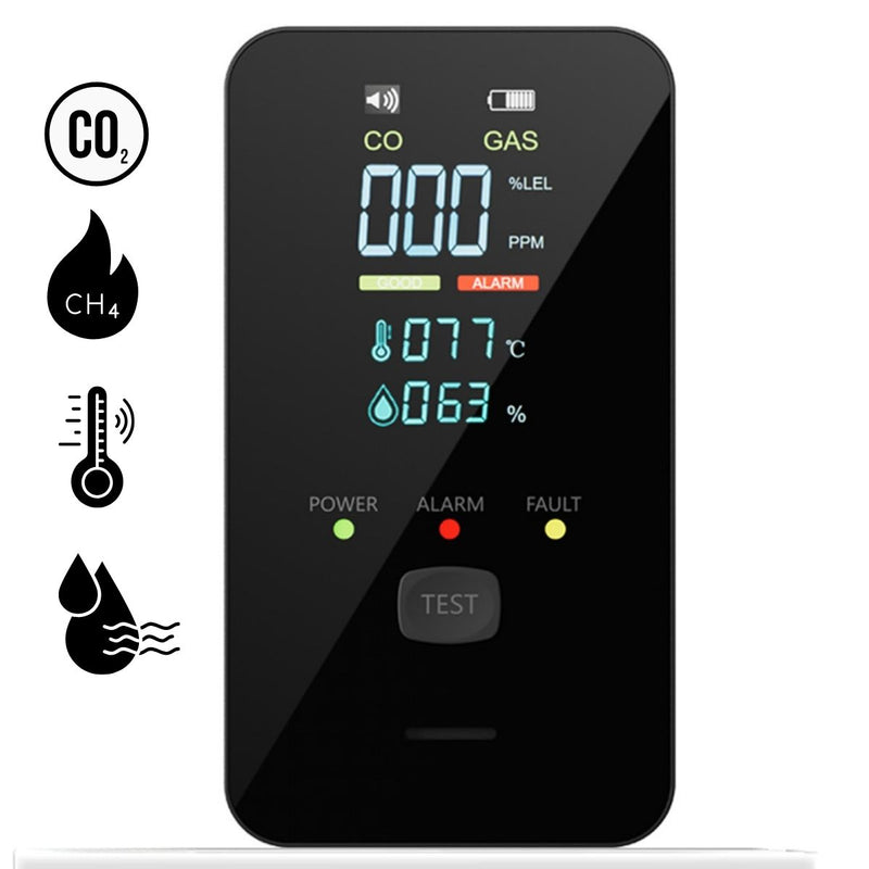 Detector alarma 4 En 1 De Gas, Monóxido De Carbono Co2, Temperatura Y Humedad Con Pantalla LCD 110V Plug And Play. Material ABS Ignífugo