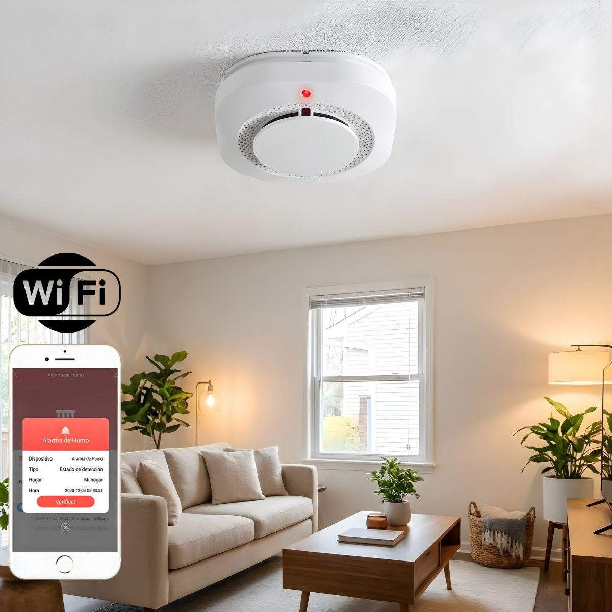 Detector de Humo APP Smart WiFi 80dB  Compatible con App Tuya no incluye Baterías. Alarma contra Incendios