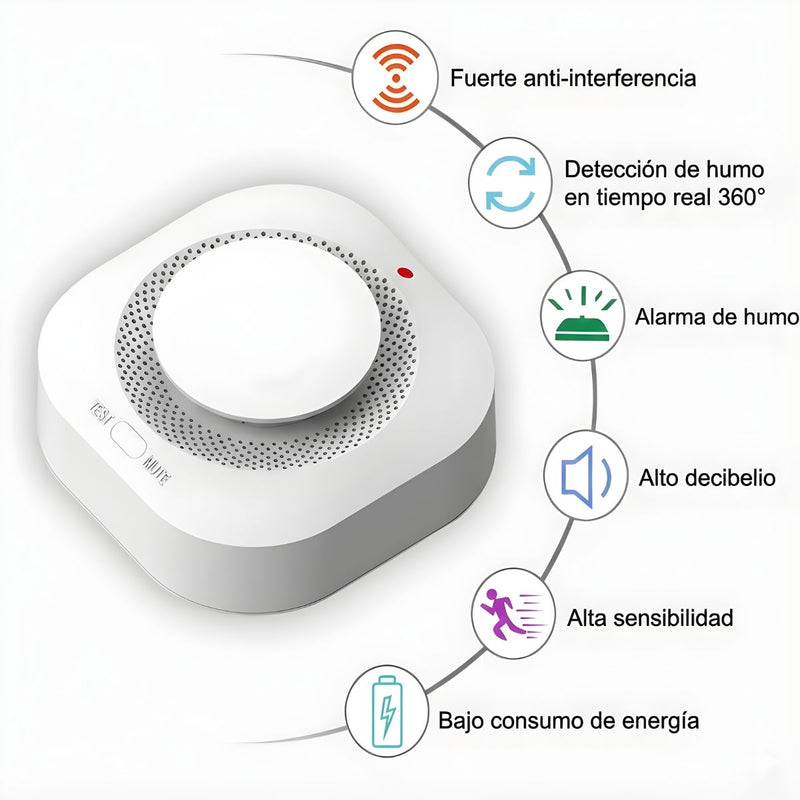 Detector de Humo Inalámbrico Mini 433MHz 80dB  LED y Botón Test/Mute. No incluye batería. Alarma contra incendios.