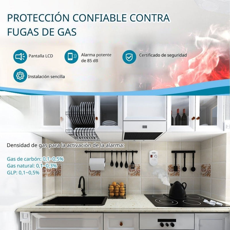 Detector De Gas Combustible Con Pantalla LCD Y Alarma 85 dB. Sensor Para Gas Natural, GLP, Propano Y Butano
