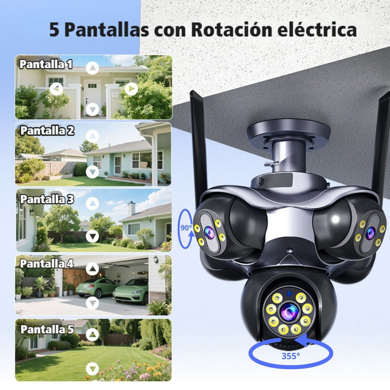 Cámara De Seguridad PTZ 25MP Ultra HD WiFi De 5 Lentes Con Rotación Eléctrica 355°/90°, IP65, Visión Nocturna A Color Memoria 32GB. Cámara Domo. Cámara Vigilancia