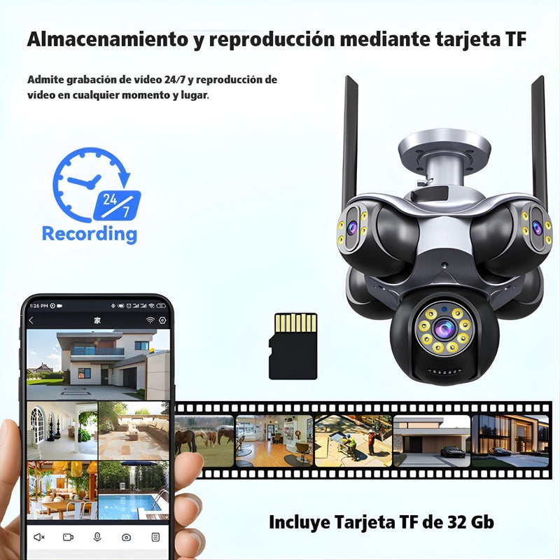 Cámara De Seguridad PTZ 25MP Ultra HD WiFi De 5 Lentes Con Rotación Eléctrica 355°/90°, IP65, Visión Nocturna A Color Memoria 32GB. Cámara Domo. Cámara Vigilancia