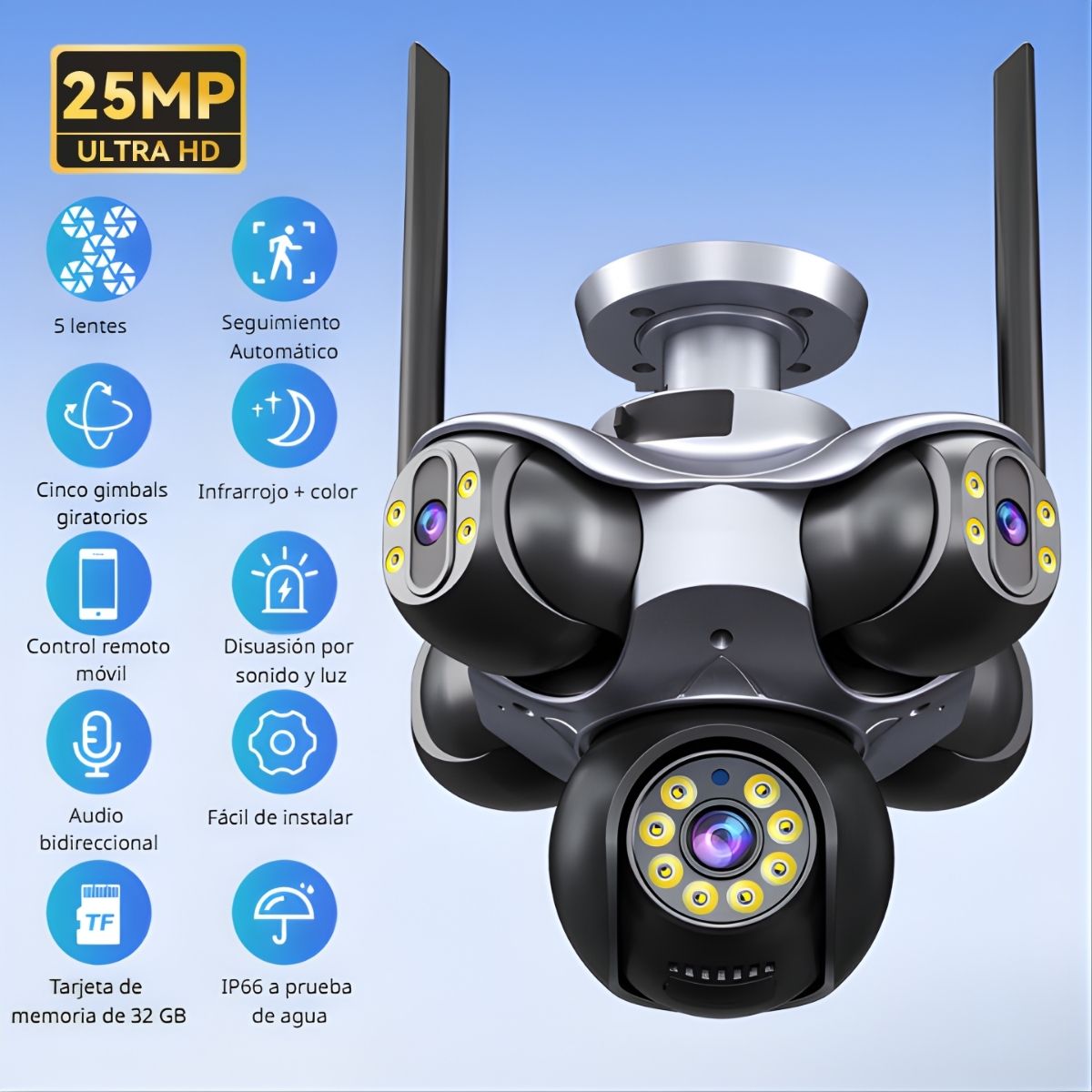 Cámara De Seguridad PTZ 25MP Ultra HD WiFi De 5 Lentes Con Rotación Eléctrica 355°/90°, IP65, Visión Nocturna A Color Memoria 32GB. Cámara Domo. Cámara Vigilancia