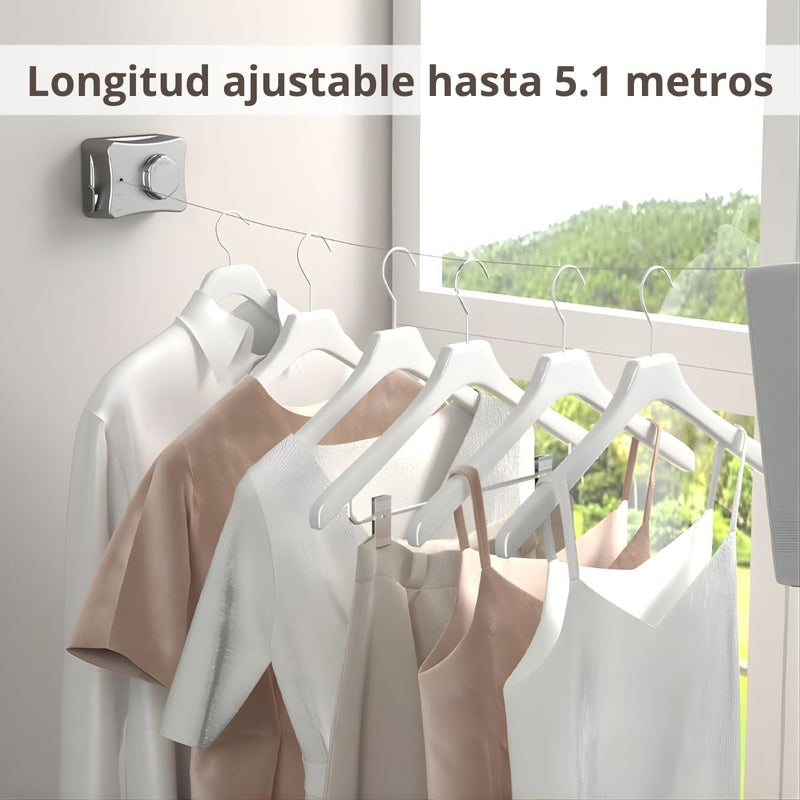 Tendedero de Ropa Retráctil de Pared 5.1 m Gris, Cuerda de Acero Inoxidable Ajustable Resistente Al Viento. Ahorrador de Espacio. Rack para Secar Ropa.