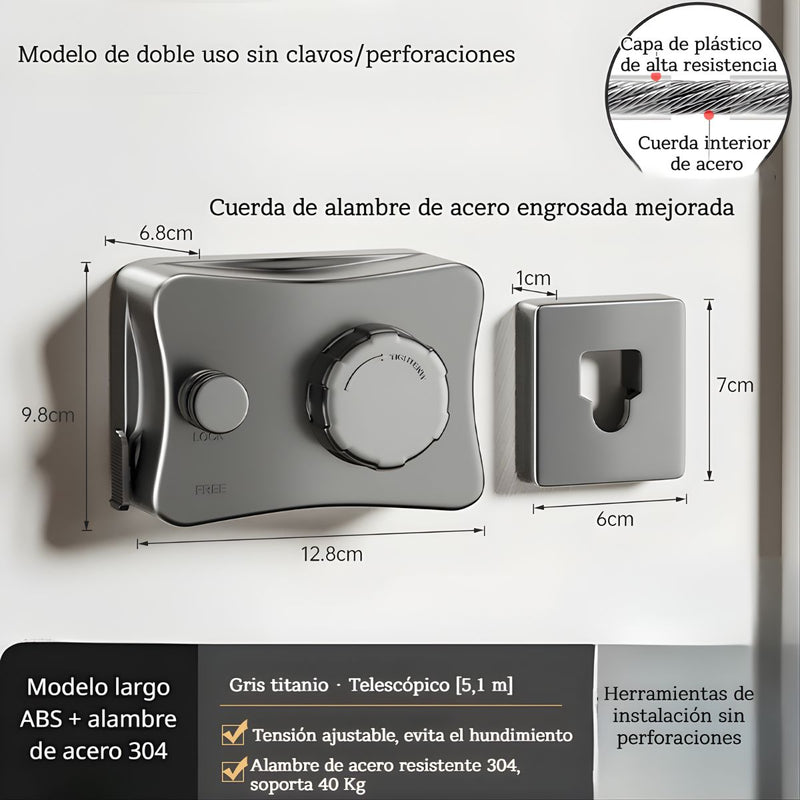 Tendedero de Ropa Retráctil de Pared 5.1 m Gris, Cuerda de Acero Inoxidable Ajustable Resistente Al Viento. Ahorrador de Espacio. Rack para Secar Ropa.