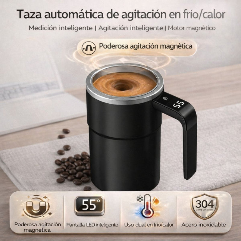 Taza Revolvedora Automática para Mezclar Bebidas Calientes con Medición de Temperatura, Color Negro, 380 ml, Taza agitadora