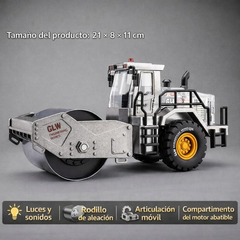 Rodillo aplanadora Compactador de Juguete Aleación 21 cm con Luces y Sonido Cabina Abatible. Vehículo Construcción A Escala.